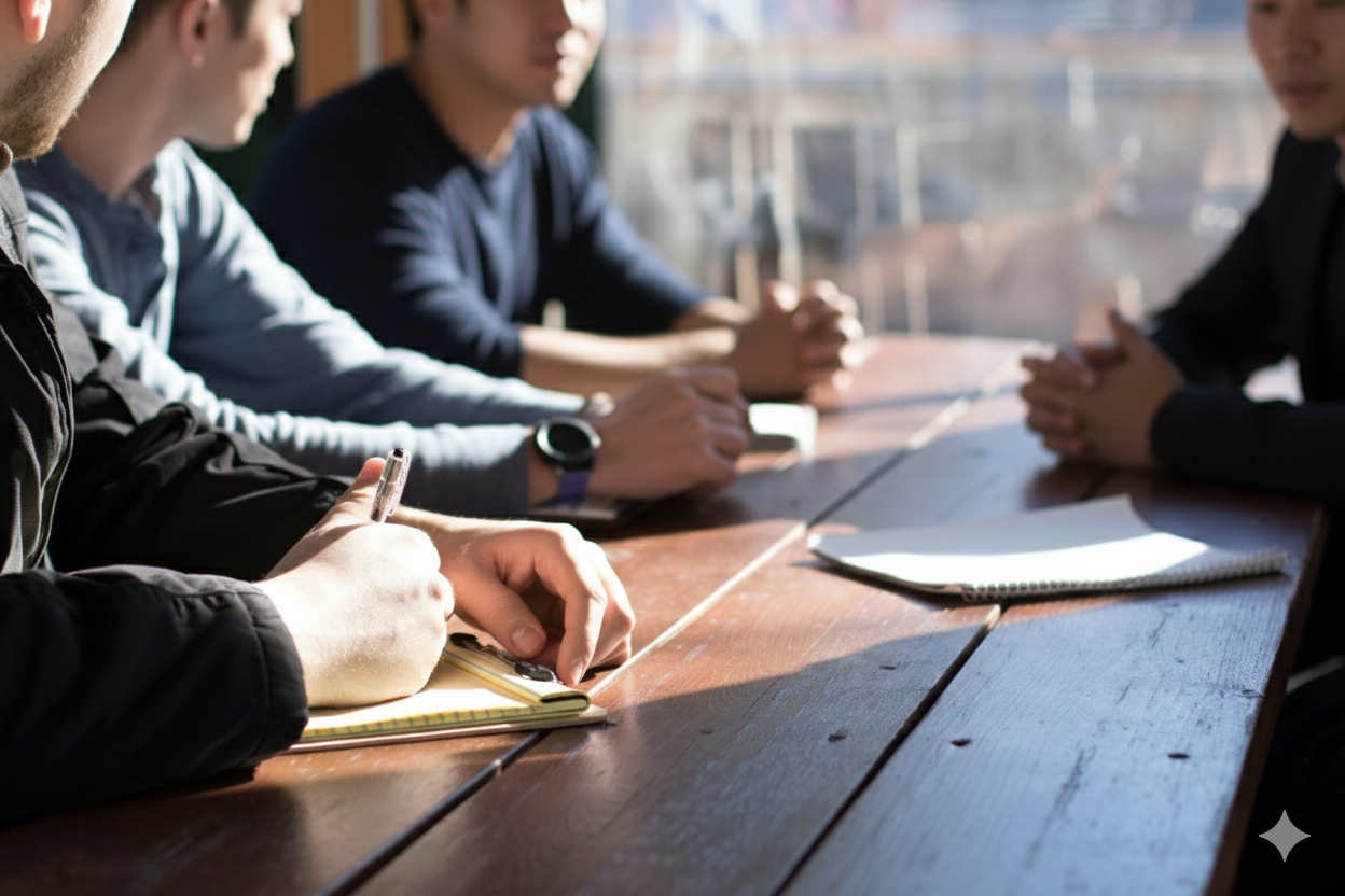 회의 테이블에 둘러앉아 서류에 서명하거나 메모하는 사람들. KSMC의 전문적인 인사 및 급여 관리 자문 서비스를 상징함.